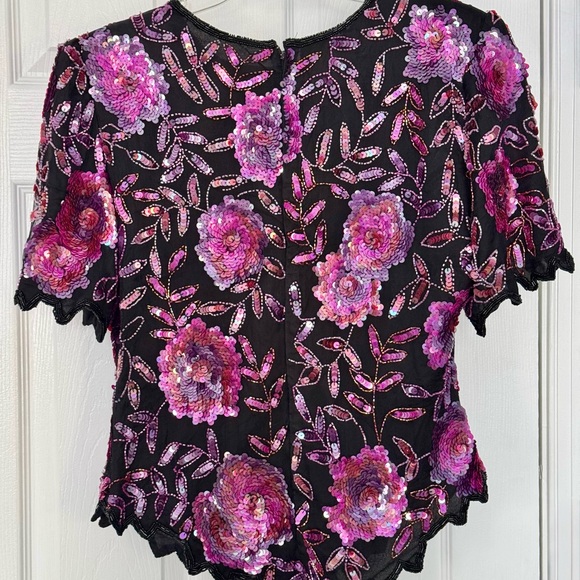 Stunning Vtg Lawrence Kazar Paris~ NY Black Silk Sequin Scalloped Hem Top L - Picture 2 of 5